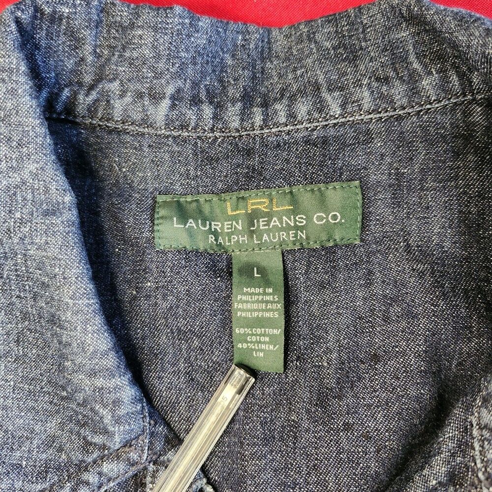 Lauren Jeans Co Ralph Lauren Denim Jacket L Cotton Linen Drawstring Blue - Picture 9 of 12